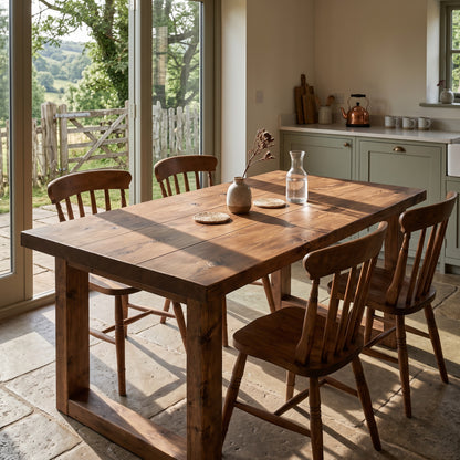 TREVON Walnut Colour Solid Wood Dining Table With Wooden Square U Legs