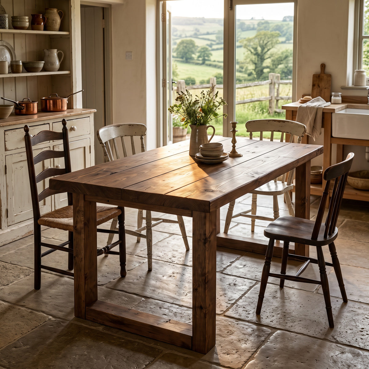 TREVON Walnut Colour Solid Wood Dining Table With Wooden Square U Legs