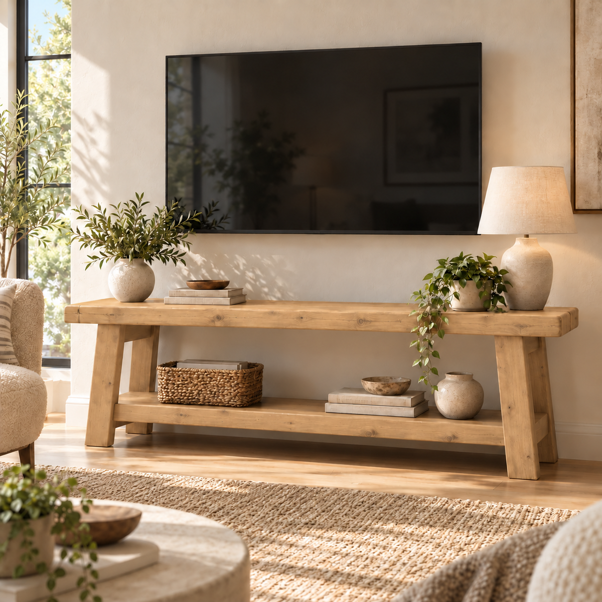 ROME Light Oak Colour Solid Wood Chunky TV Unit / Bench
