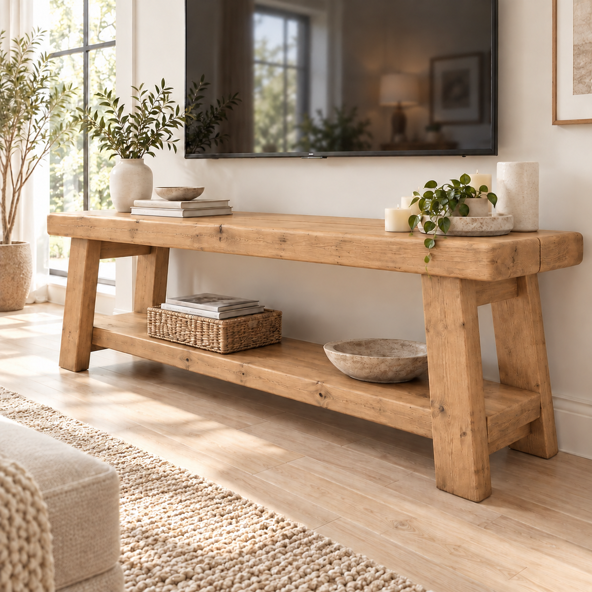 ROME Light Oak Colour Solid Wood Chunky TV Unit / Bench
