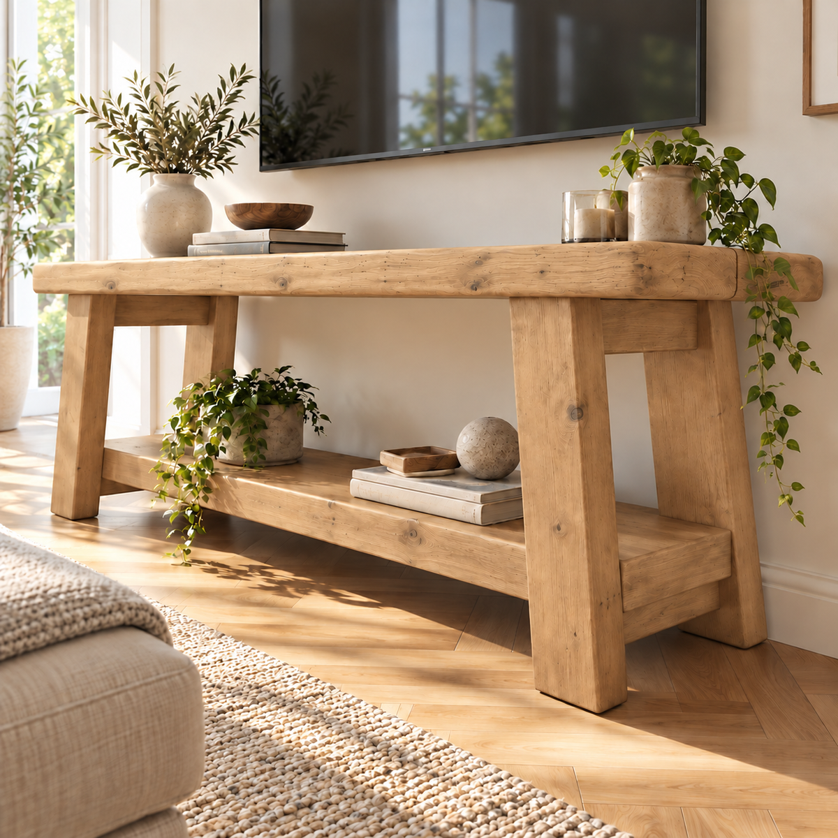 ROME Light Oak Colour Solid Wood Chunky TV Unit / Bench