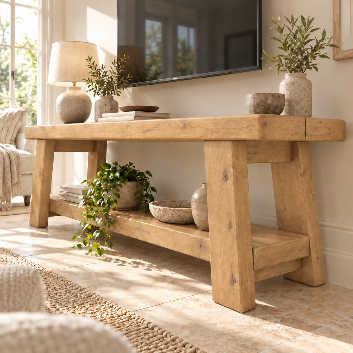 ROME Light Oak Colour Solid Wood Chunky TV Unit / Bench