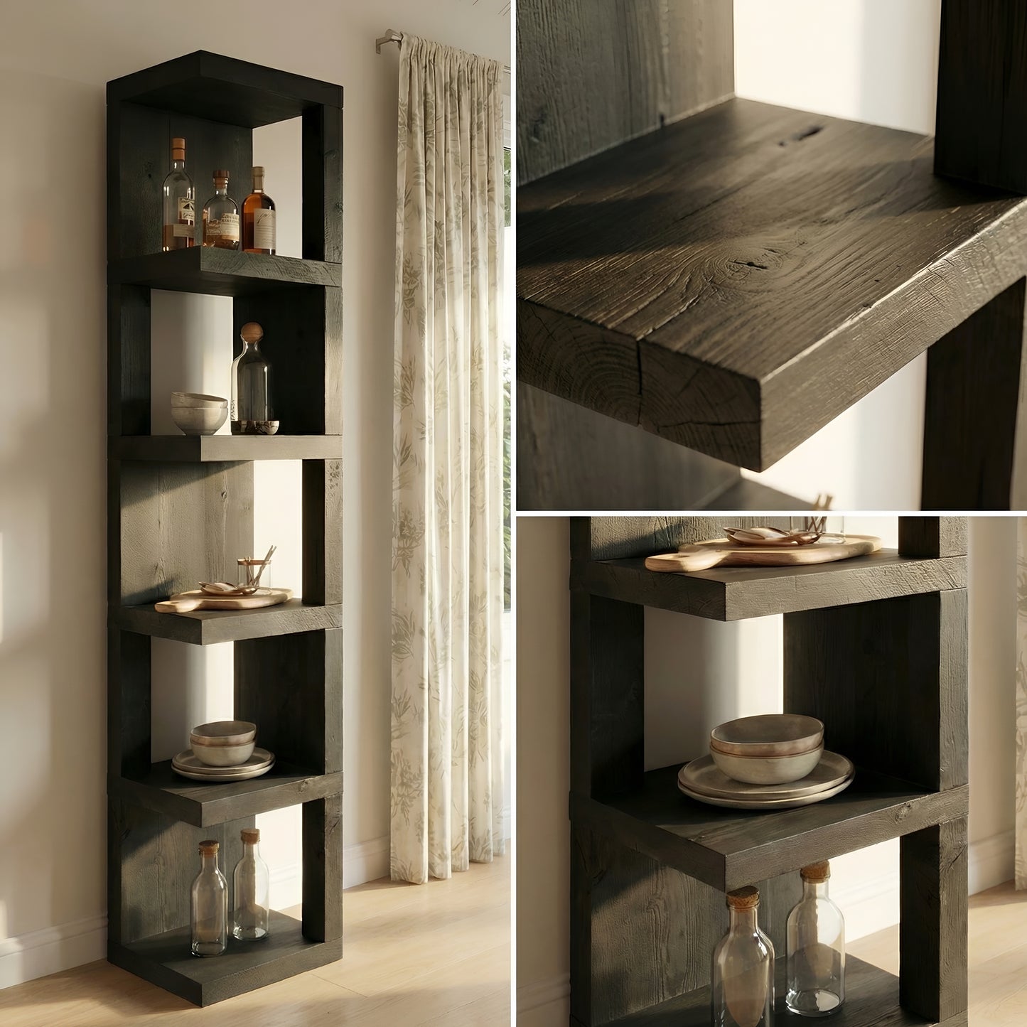 Valora Solid Wood Corner Bookshelf In Ebony Black Colour – Open Bookcase, Rustic Design