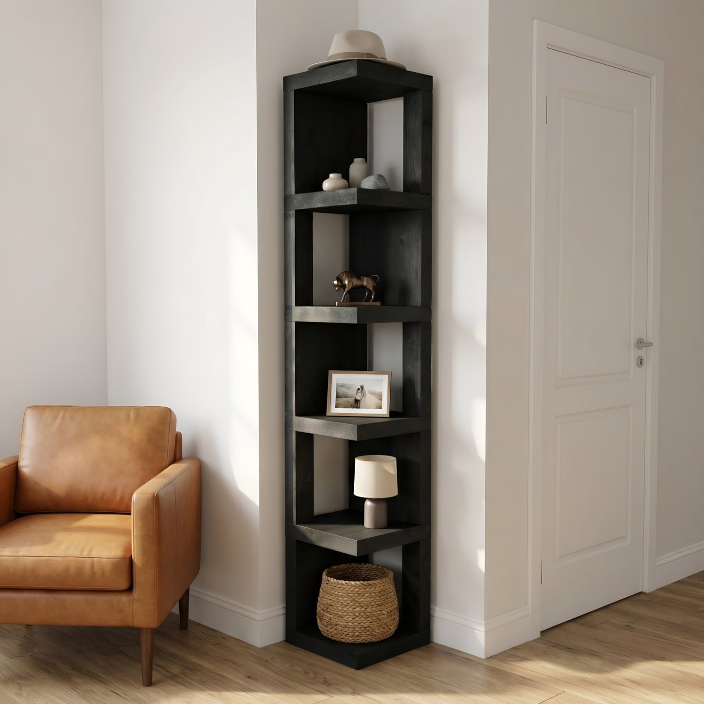 Valora Solid Wood Corner Bookshelf In Ebony Black Colour – Open Bookcase, Rustic Design
