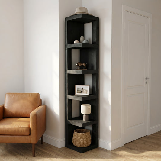 Valora Solid Wood Corner Bookshelf In Ebony Black Colour – Open Bookcase, Rustic Design