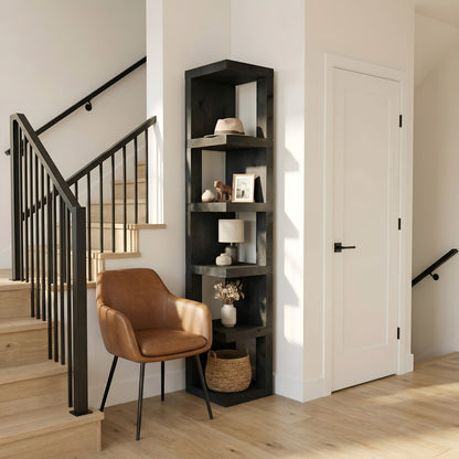 Valora Solid Wood Corner Bookshelf In Ebony Black Colour – Open Bookcase, Rustic Design