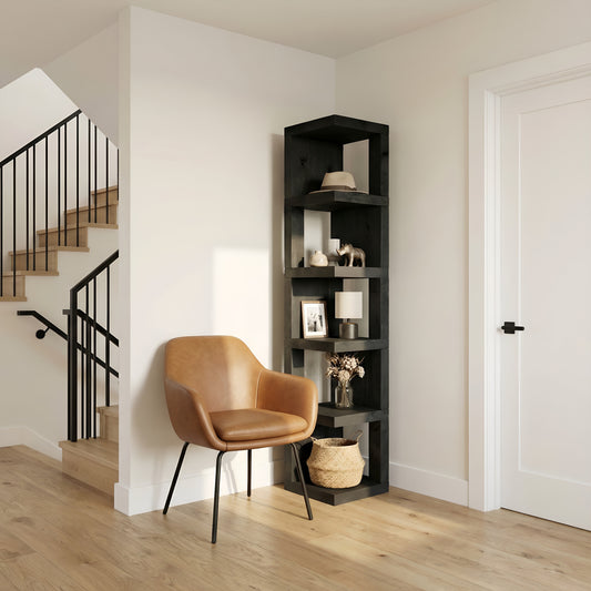 Valora Solid Wood Corner Bookshelf In Ebony Black Colour – Open Bookcase, Rustic Design