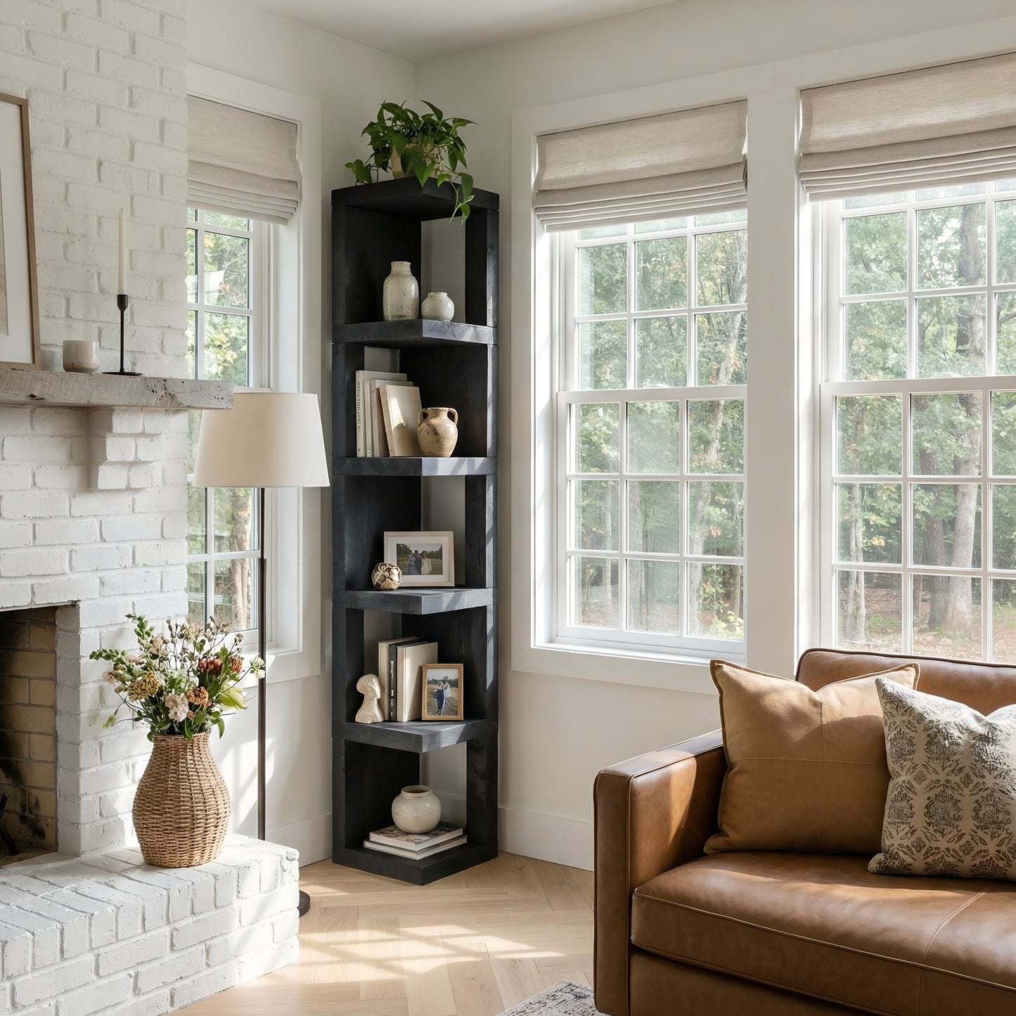 Valora Solid Wood Corner Bookshelf In Ebony Black Colour – Open Bookcase, Rustic Design