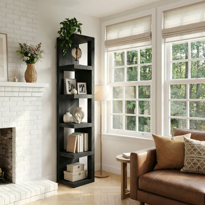 Valora Solid Wood Corner Bookshelf In Ebony Black Colour – Open Bookcase, Rustic Design