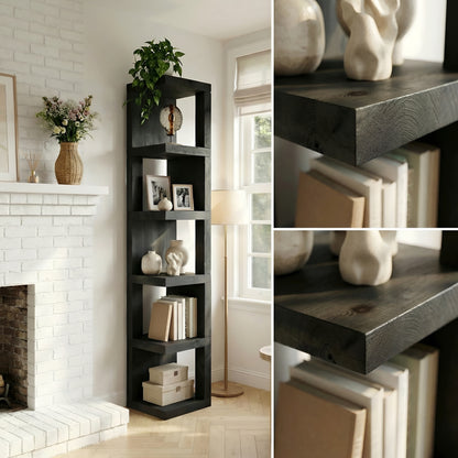 Valora Solid Wood Corner Bookshelf In Ebony Black Colour – Open Bookcase, Rustic Design