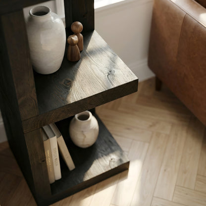 Valora Solid Wood Corner Bookshelf In Ebony Black Colour – Open Bookcase, Rustic Design