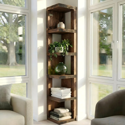 Valora Solid Wood Corner Bookshelf In Walnut Colour – Open Bookcase, Rustic Design