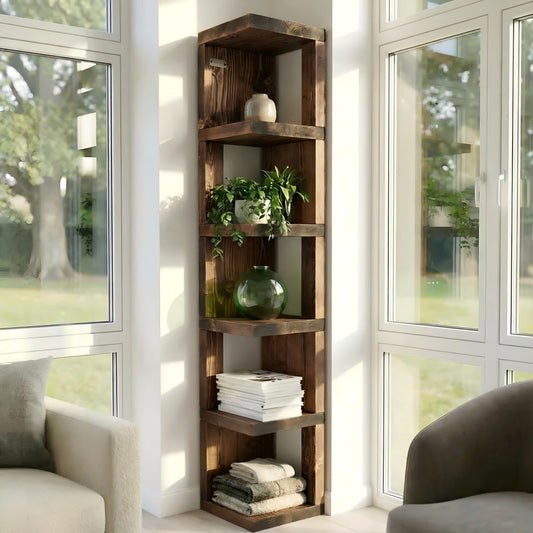 Valora Solid Wood Corner Bookshelf In Walnut Colour – Open Bookcase, Rustic Design