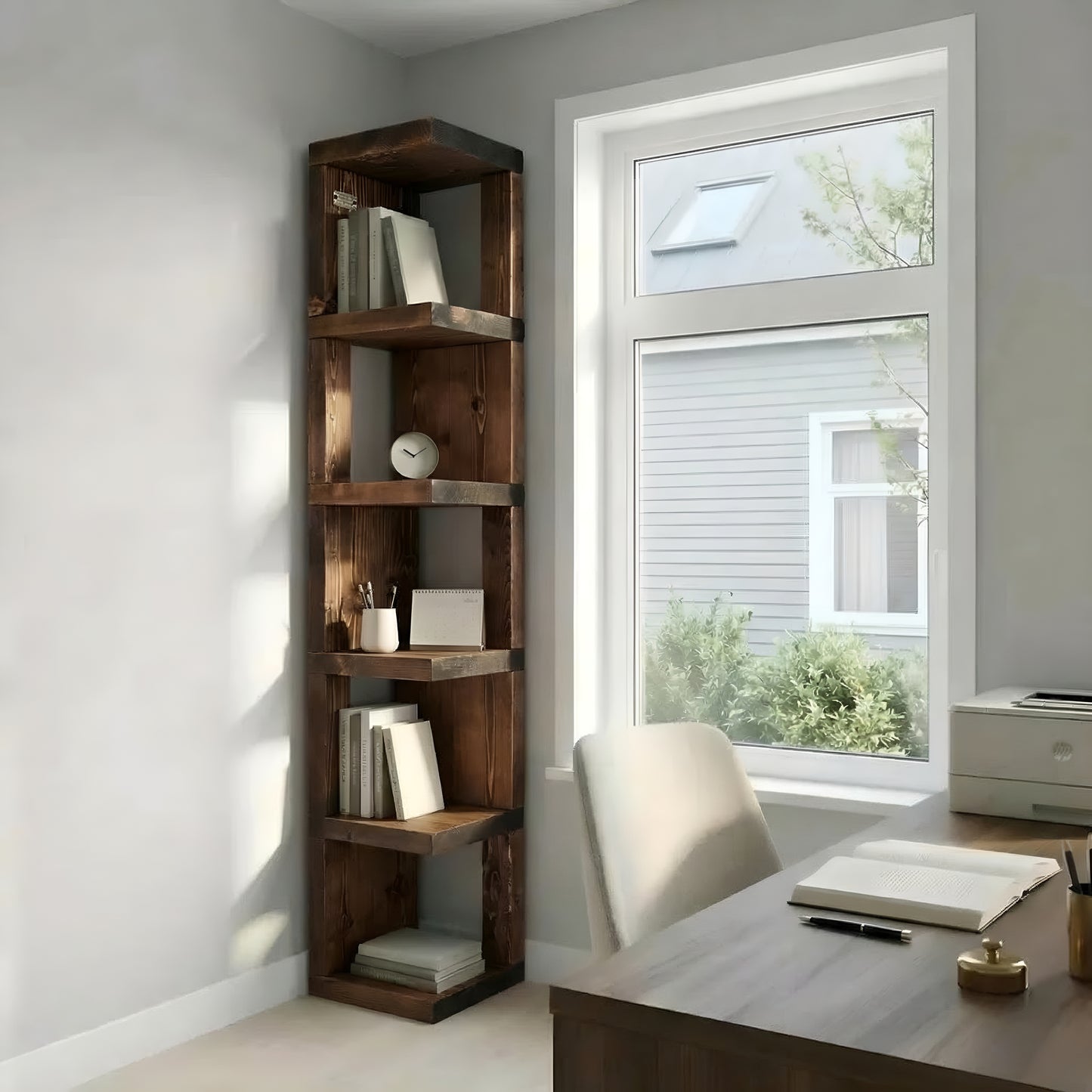 Valora Solid Wood Corner Bookshelf In Walnut Colour – Open Bookcase, Rustic Design