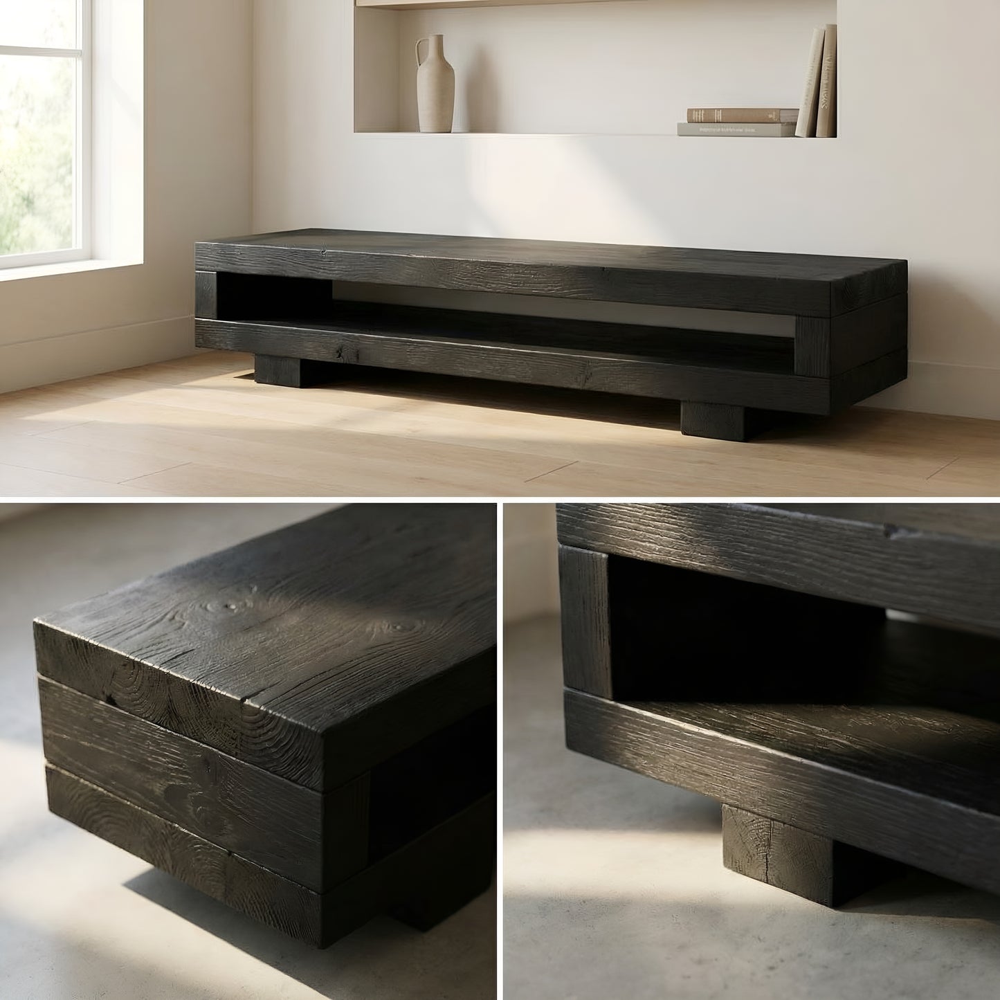 VIOT in Black Ebony Colour Low Solid Wood Chunky TV Unit