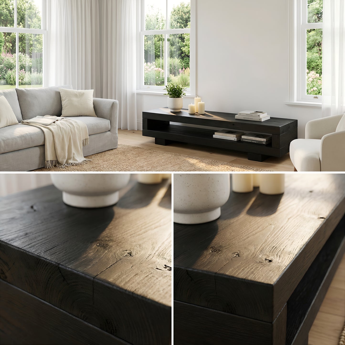 VIOT in Black Ebony Colour Low Solid Wood Chunky TV Unit