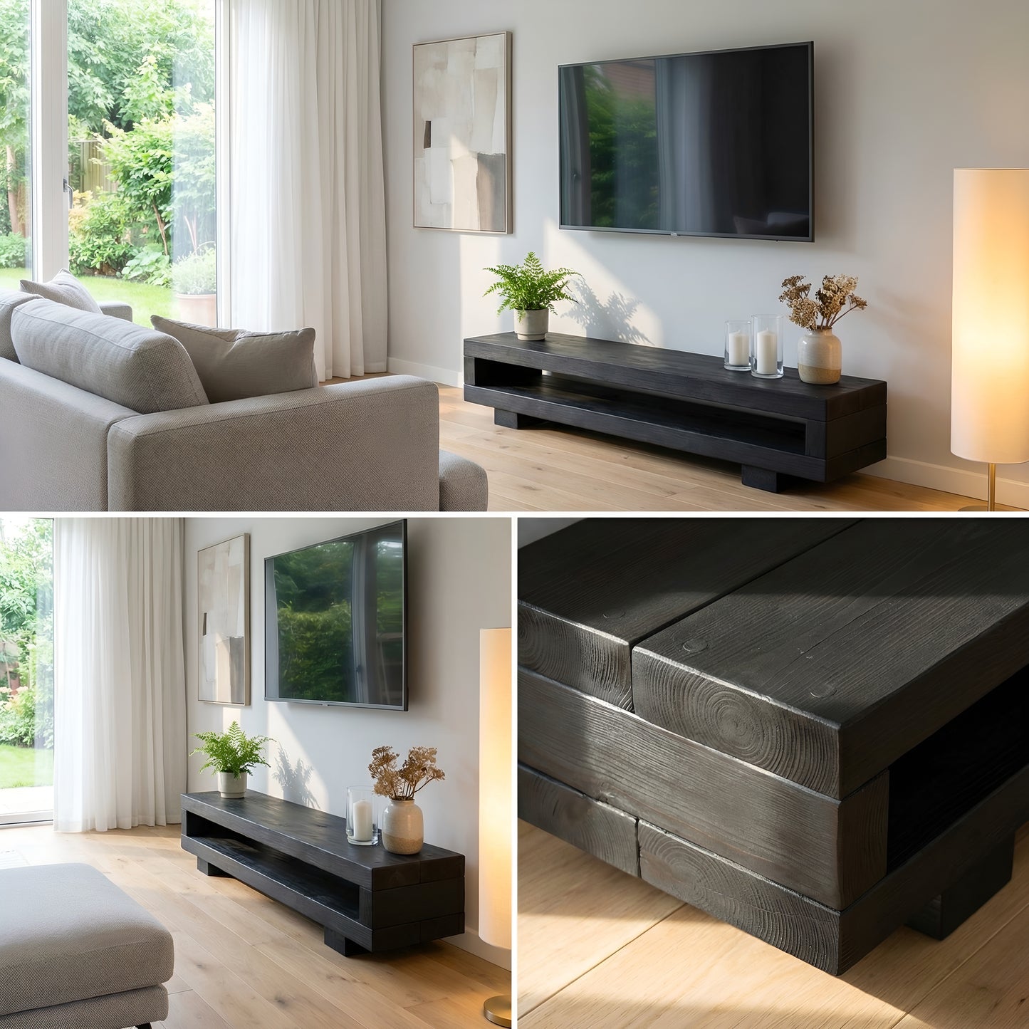 VIOT in Black Ebony Colour Low Solid Wood Chunky TV Unit