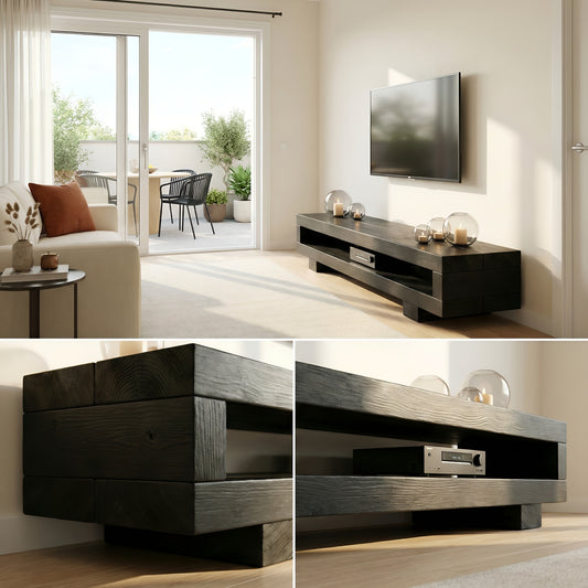 VIOT in Black Ebony Colour Low Solid Wood Chunky TV Unit