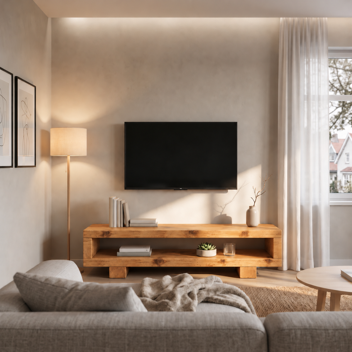 VIOT Light Oak Colour Low Solid Wood Chunky TV Unit