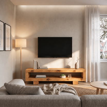 VIOT Light Oak Colour Low Solid Wood Chunky TV Unit