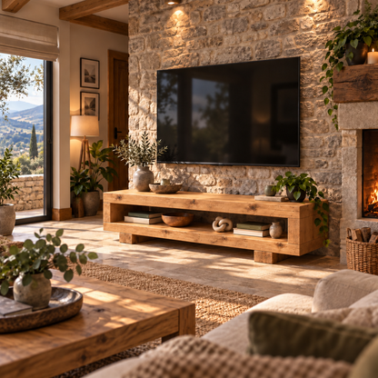 VIOT Light Oak Colour Low Solid Wood Chunky TV Unit