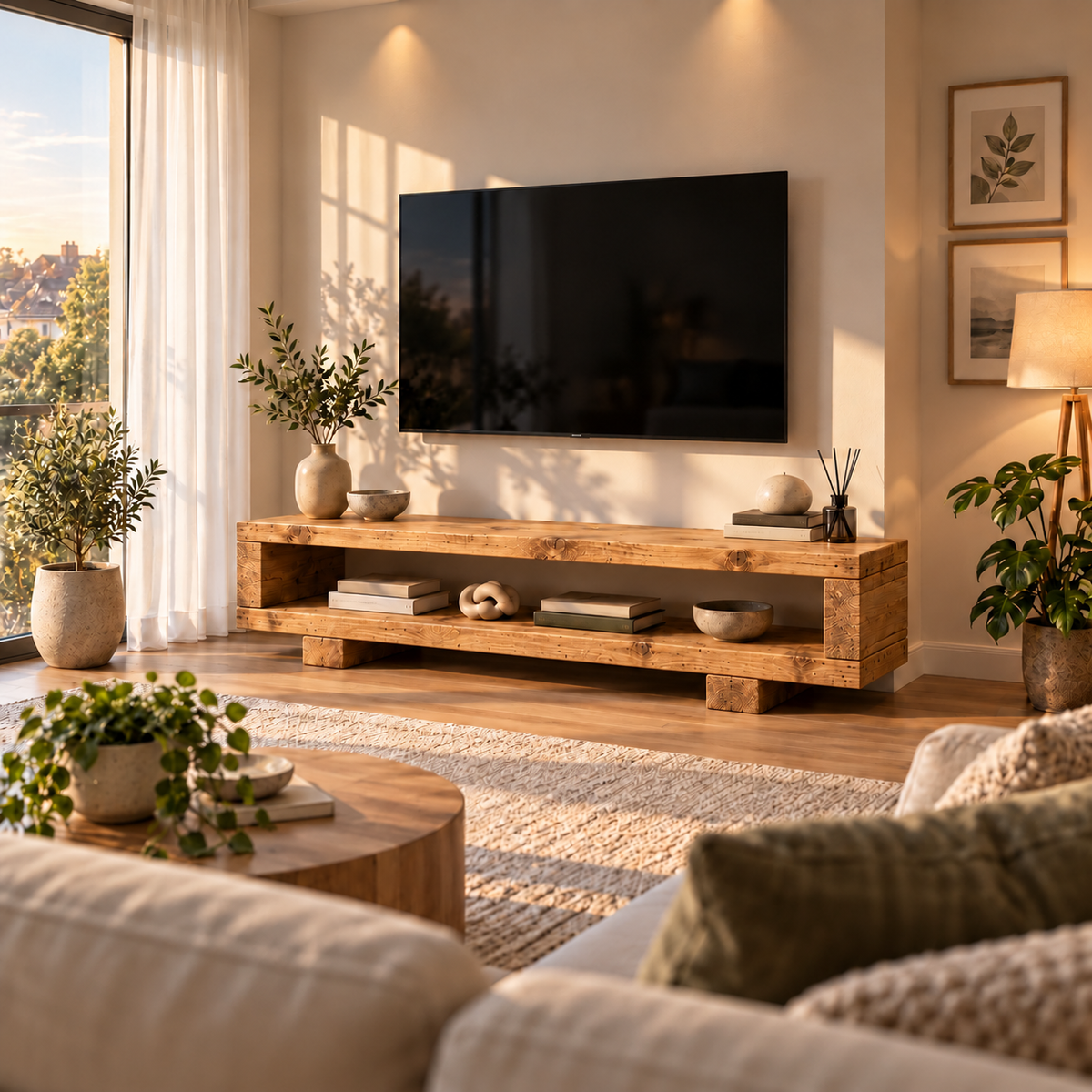 VIOT Light Oak Colour Low Solid Wood Chunky TV Unit
