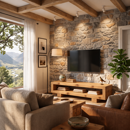 VIOT Light Oak Colour Low Solid Wood Chunky TV Unit