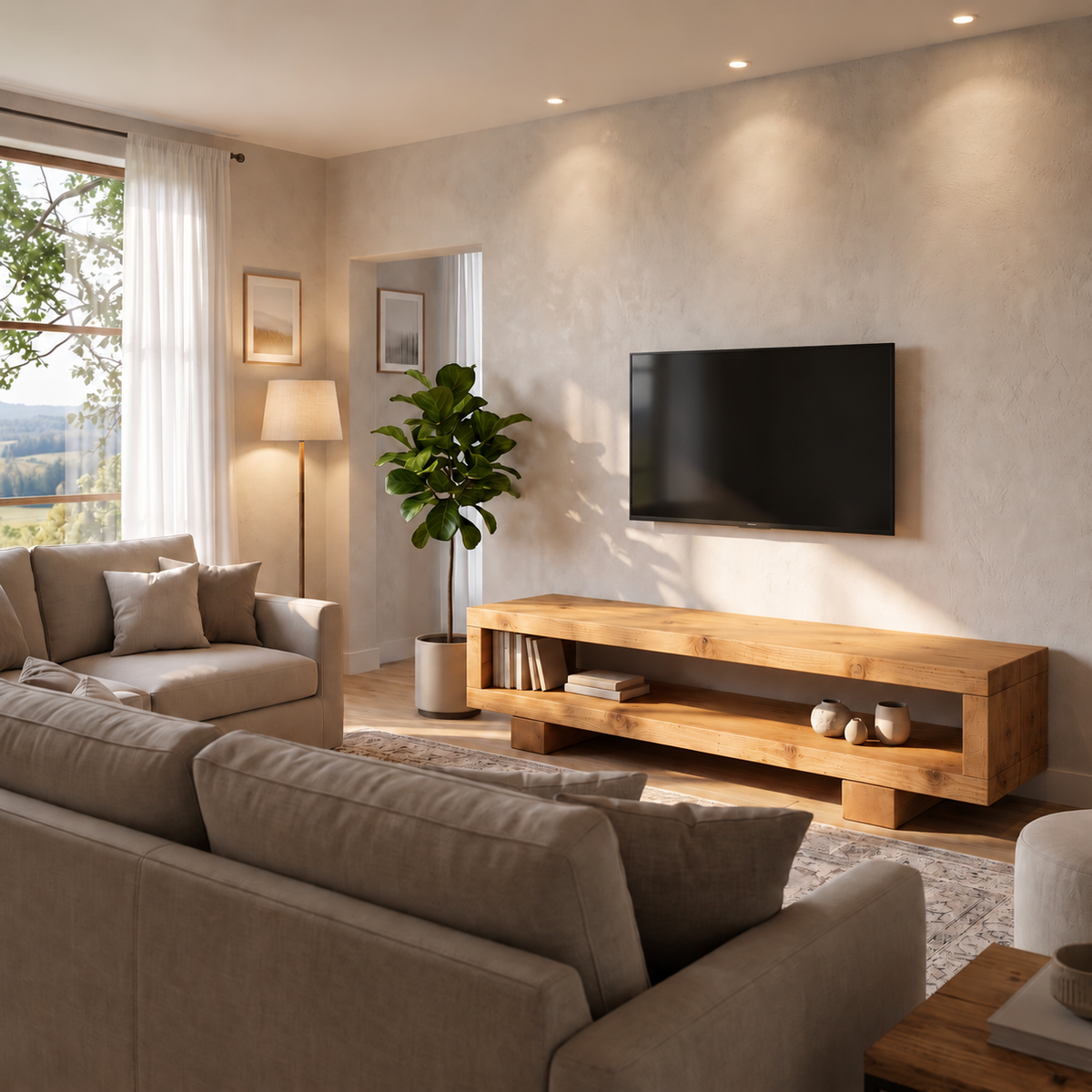 VIOT Light Oak Colour Low Solid Wood Chunky TV Unit