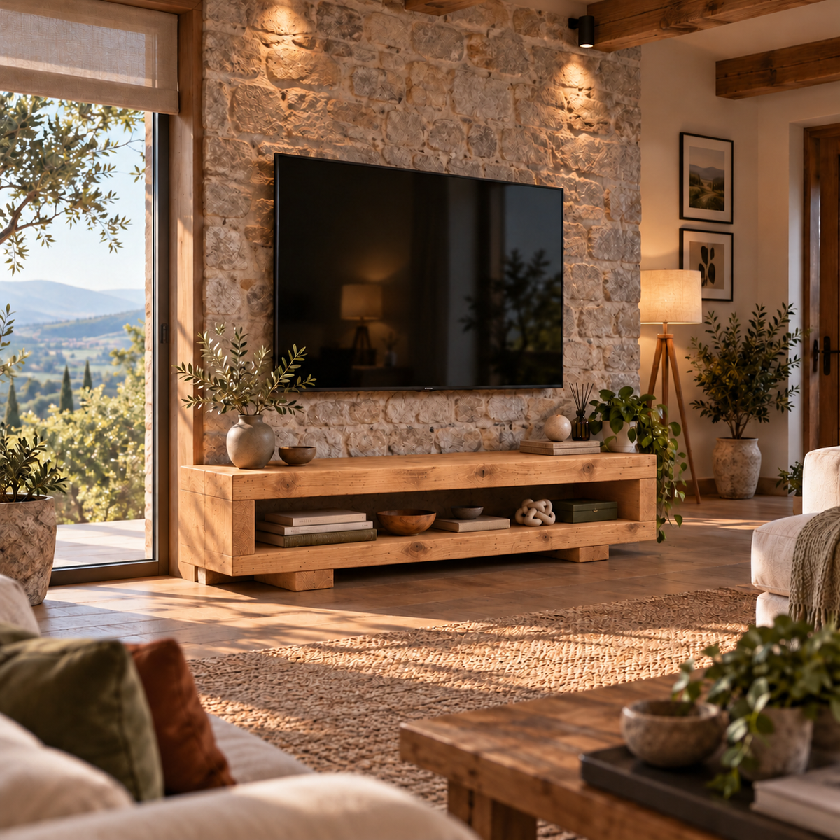 VIOT Light Oak Colour Low Solid Wood Chunky TV Unit
