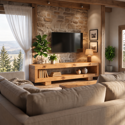 VIOT Light Oak Colour Low Solid Wood Chunky TV Unit