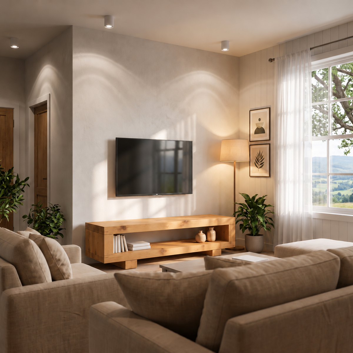 VIOT Light Oak Colour Low Solid Wood Chunky TV Unit