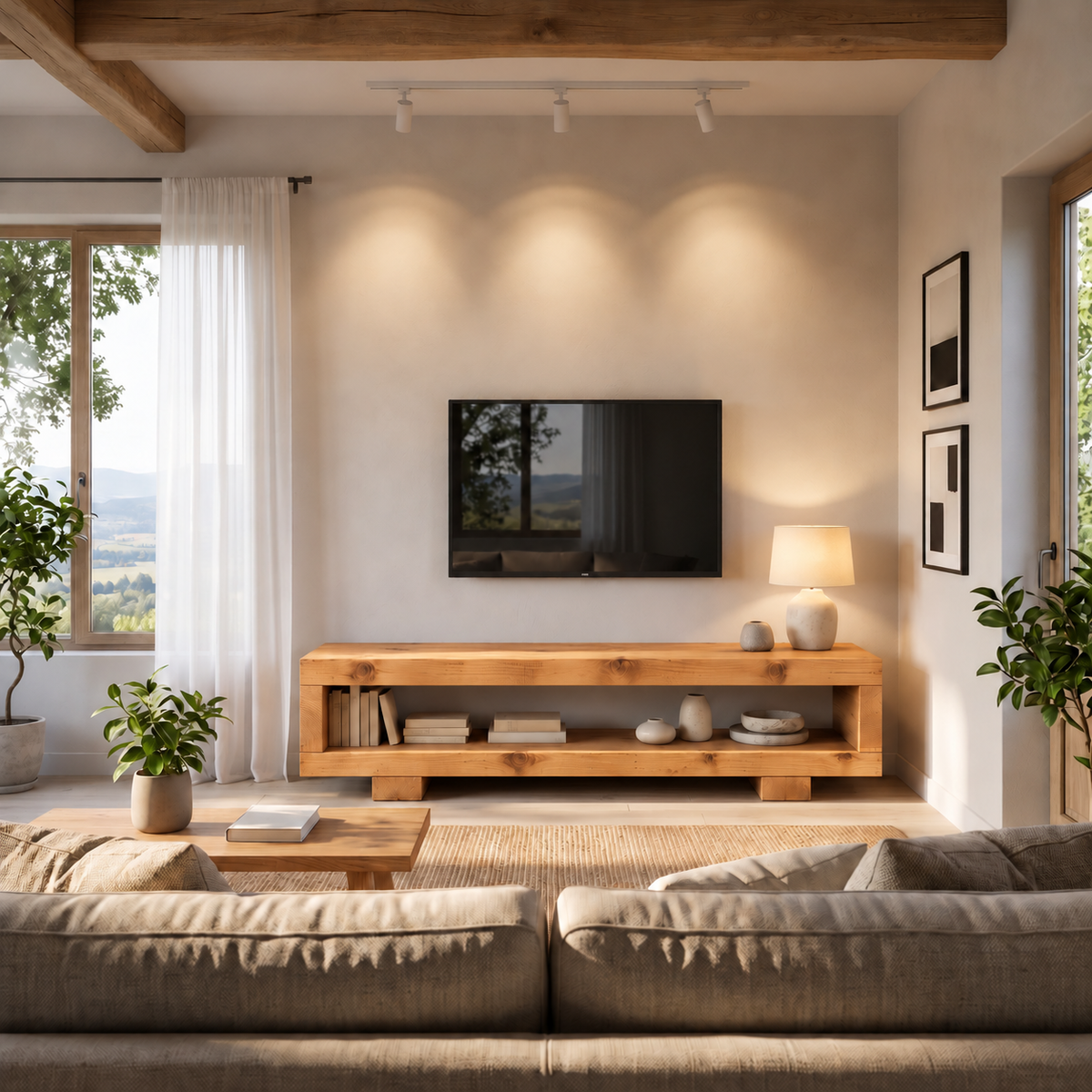 VIOT Light Oak Colour Low Solid Wood Chunky TV Unit