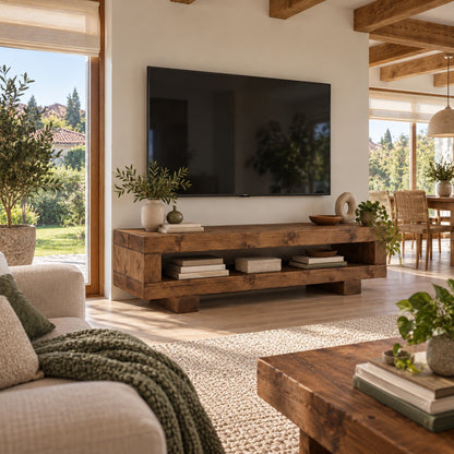 VIOT Walnut Colour Low Solid Wood Chunky TV Unit