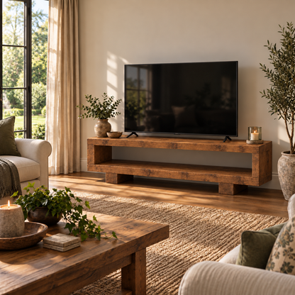 VIOT Walnut Colour Low Solid Wood Chunky TV Unit