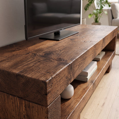 VIOT Walnut Colour Low Solid Wood Chunky TV Unit