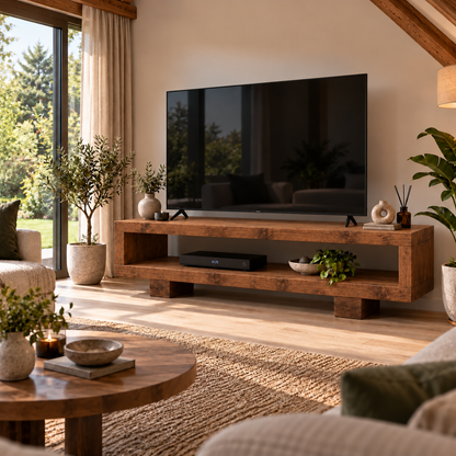 VIOT Walnut Colour Low Solid Wood Chunky TV Unit