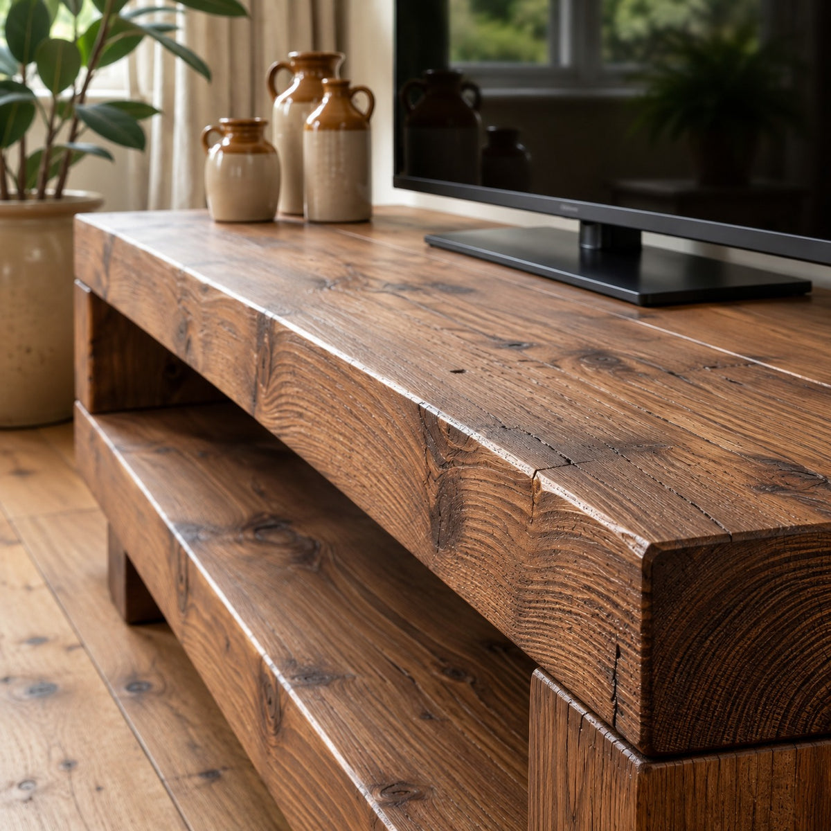 VIOT Walnut Colour Low Solid Wood Chunky TV Unit