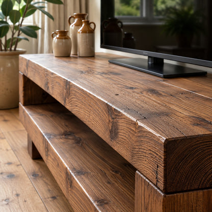 VIOT Walnut Colour Low Solid Wood Chunky TV Unit