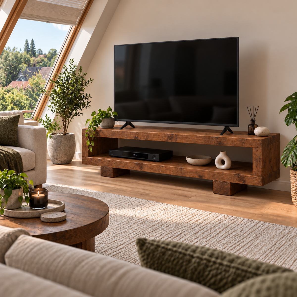 VIOT Walnut Colour Low Solid Wood Chunky TV Unit