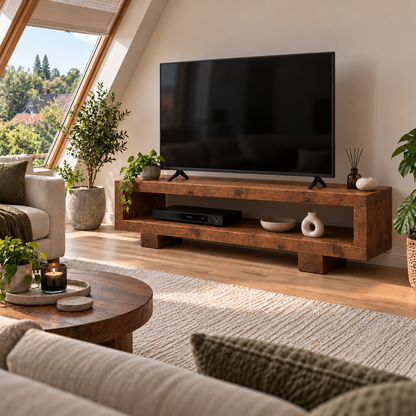 VIOT Walnut Colour Low Solid Wood Chunky TV Unit