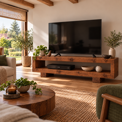 VIOT Walnut Colour Low Solid Wood Chunky TV Unit