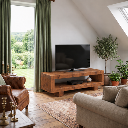 VIOT Walnut Colour Low Solid Wood Chunky TV Unit