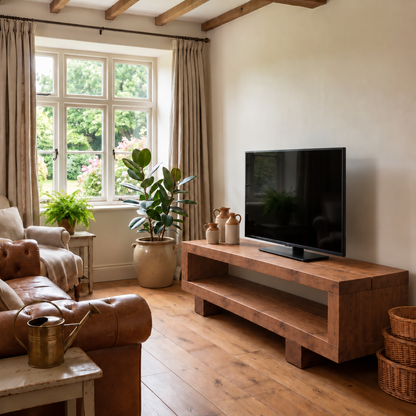 VIOT Walnut Colour Low Solid Wood Chunky TV Unit