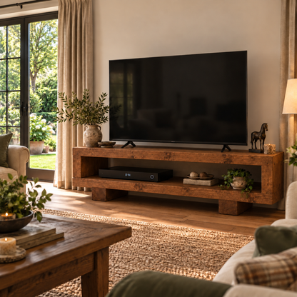 VIOT Walnut Colour Low Solid Wood Chunky TV Unit