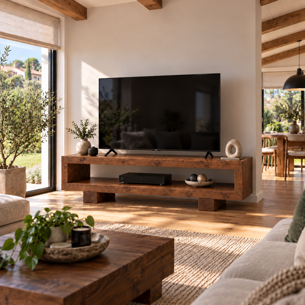 VIOT Walnut Colour Low Solid Wood Chunky TV Unit