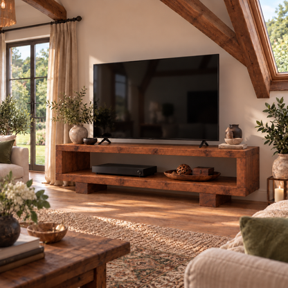VIOT Walnut Colour Low Solid Wood Chunky TV Unit