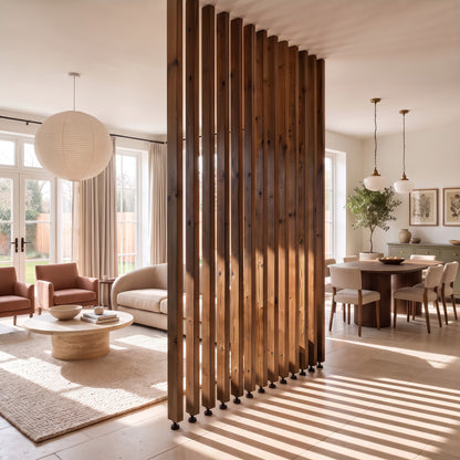 220cm High Walnut Colour Slatted Room Divider / Solid Wood Floor to Ceiling / Timber Partition