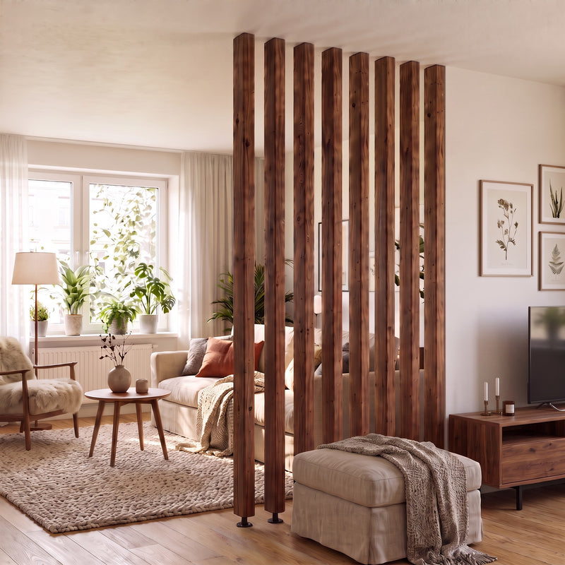 220cm High Walnut Colour Slatted Room Divider / Solid Wood Floor to Ceiling / Timber Partition