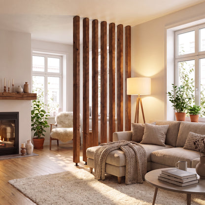 220cm High Walnut Colour Slatted Room Divider / Solid Wood Floor to Ceiling / Timber Partition