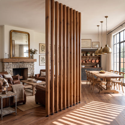 220cm High Walnut Colour Slatted Room Divider / Solid Wood Floor to Ceiling / Timber Partition